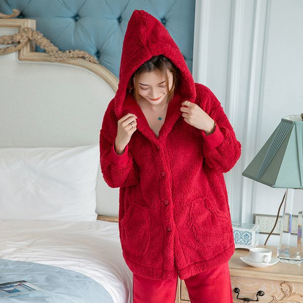 sweet red christmas winter pajamas korean women fashion flannel with hoodie sleepwear long quality pyjamas w422, Black;brown