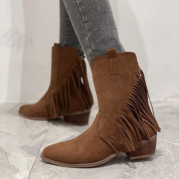 women's tassel mid calf boots new woman slip on low heels ladies flock pumps women retro western boots female shoes plus size, Black 
women's tassel mid calf boots new woman slip on low heels ladies flock pumps women retro western boots female shoes plus size, Black