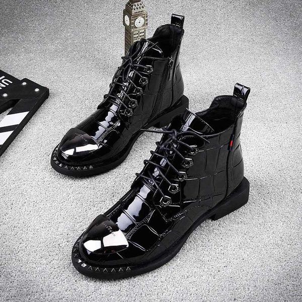 boots japanned leather pointed rivets motorcycle women crocodile pattern winter ankle lace up metal studded botas s615, Black
boots japanned leather pointed rivets motorcycle women crocodile pattern winter ankle lace up metal studded botas s615, Black