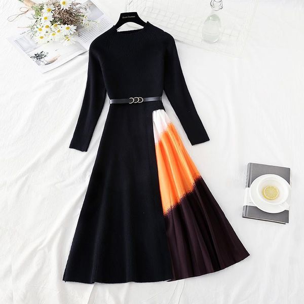 women's knitted dress autumn winter elegant patchwork pleated dress women long sleeve round neck office sweater with belt1, Black;gray
women's knitted dress autumn winter elegant patchwork pleated dress women long sleeve round neck office sweater with belt1, Black;gray