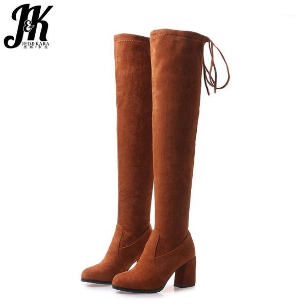 boots jk high heels women round toe cross tied footwear flock casual stretch female boot over the knee shoes woman 2021 autumn1, Black