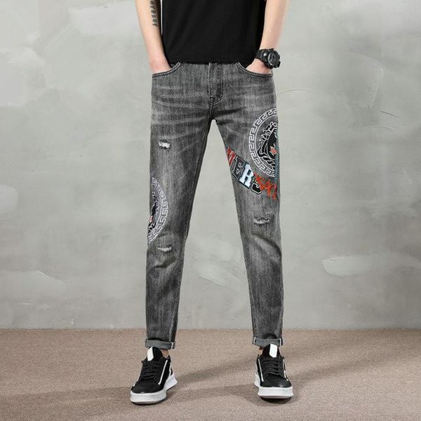 men badge hip hop skinny jeans fashion black jeans stretch streetwear men designer jeans, Blue