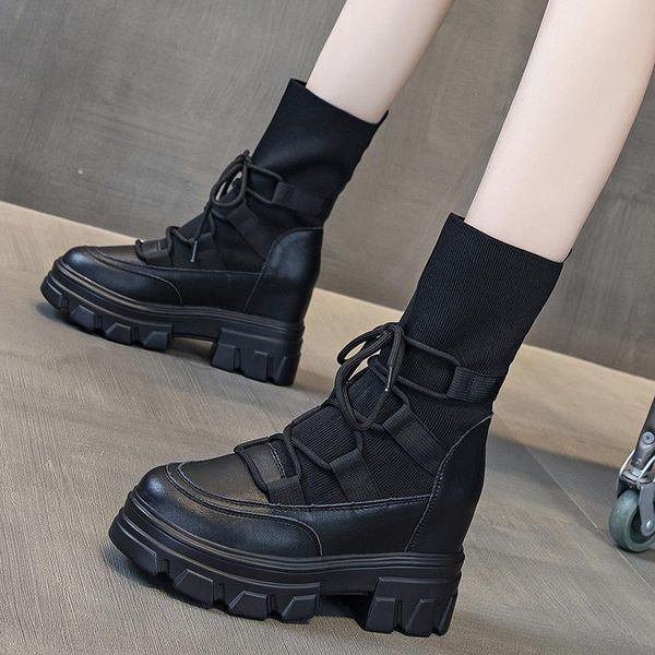 winter 2020 new leather boots british style short thick bottom fashion boots, Black