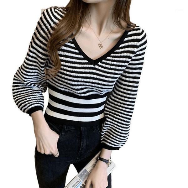 #6292 striped sweater women v-neck thin knitted korean fashion slim womens sweaters lantern sleeved cotton pullover1, White;black
#6292 striped sweater women v-neck thin knitted korean fashion slim womens sweaters lantern sleeved cotton pullover1, White;black