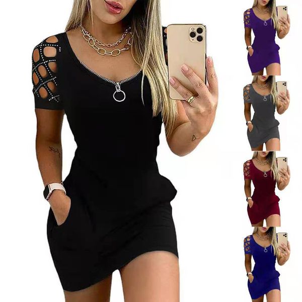 2022 quality dresses women's v-neck solid hollow short sleeve diamond casual wear, Black;gray
2022 quality dresses women's v-neck solid hollow short sleeve diamond casual wear, Black;gray