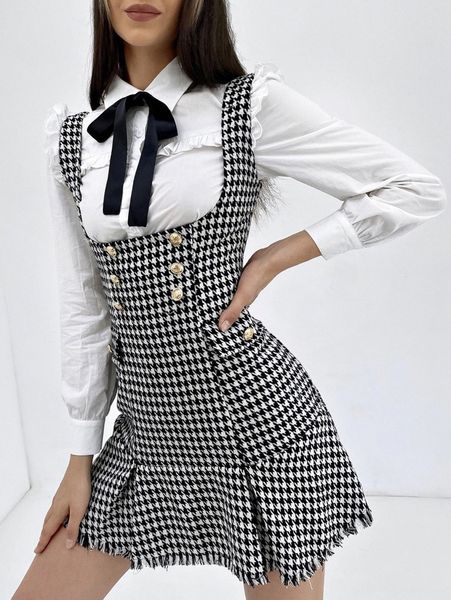 houndstooth print raw cut fold pleated tweed dress without blouse 20op#, Black;gray
houndstooth print raw cut fold pleated tweed dress without blouse 20op#, Black;gray
