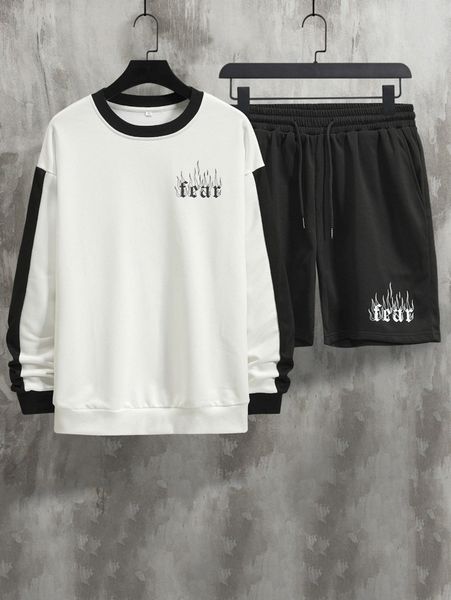 romwe guys letter fire graphic sweatshirt & drawstring shorts 39rg#, Gray