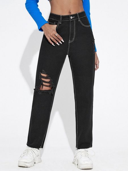 contrast stitch ripped raw hem jeans s6jx#, Blue