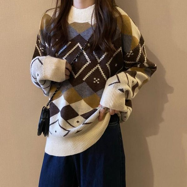 new autumn and winter retro diamond pattern color matching loose pullover sweater for women's casual and comfortable knitted top, White;black
new autumn and winter retro diamond pattern color matching loose pullover sweater for women's casual and comfortable knitted top, White;black