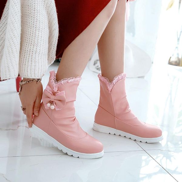 japanese sweet style comfortable round head ankle boots fashion lace beaded bowknot platform low heel women's motorcycle boots, Black 
japanese sweet style comfortable round head ankle boots fashion lace beaded bowknot platform low heel women's motorcycle boots, Black