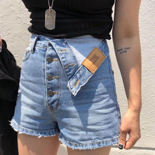 korean fashion girls jeans grinding wash buttons up short jeans for women1, Blue