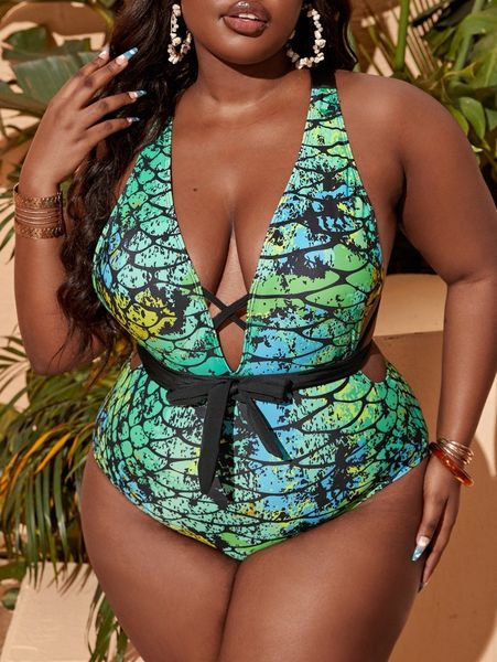 sxy plus allover print lace up plunging one piece swimsuit t6sa#, Black 
sxy plus allover print lace up plunging one piece swimsuit t6sa#, Black