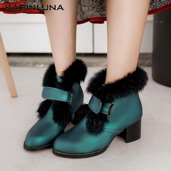 karin 2020 dropship big size 45 fashion fur chunky heels winter shoes women ankle boots female, Black
