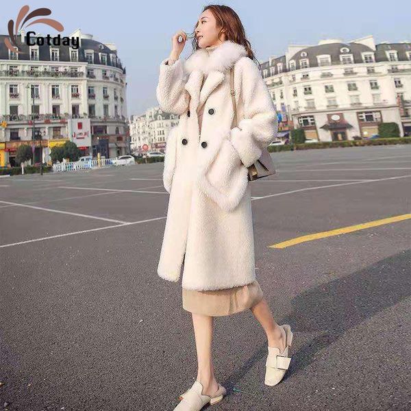 women's fur & faux cotday imitation lambs wool double breasted long thick v neck loose women 2021 winter white england style full pelt, Black
women's fur & faux cotday imitation lambs wool double breasted long thick v neck loose women 2021 winter white england style full pelt, Black
