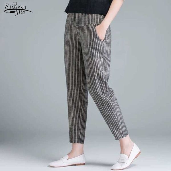new arrival summer women pants plus size korea fashion high waist thin casual harem pants striped cotton linen trousers 10299 201106, Black;white