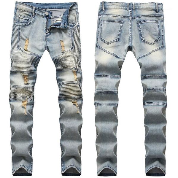 men retro classic jeans knee pleated hole straight slim denim jeans pants mens streetwear ripped motorcycle hip hop biker1, Blue 
men retro classic jeans knee pleated hole straight slim denim jeans pants mens streetwear ripped motorcycle hip hop biker1, Blue
