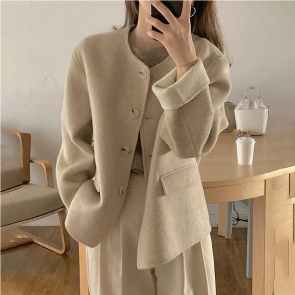 autumn winter women's high-quality double-sided cashmere round neck minimalist long-sleeved jacket coat, Black
autumn winter women's high-quality double-sided cashmere round neck minimalist long-sleeved jacket coat, Black