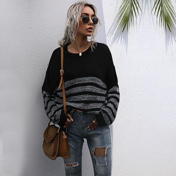 women's sweaters loose pullover striped sweater for women o-neck europe streetwear fashion style vintage 2021 winter, White;black
women's sweaters loose pullover striped sweater for women o-neck europe streetwear fashion style vintage 2021 winter, White;black