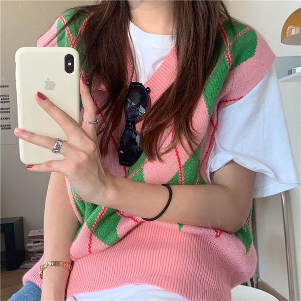 women's sweaters preppy style argyle pattern v neck knitted cute pink sweater vest women 2021 autumn plaid sweet loose pullover outfits, White;black
women's sweaters preppy style argyle pattern v neck knitted cute pink sweater vest women 2021 autumn plaid sweet loose pullover outfits, White;black