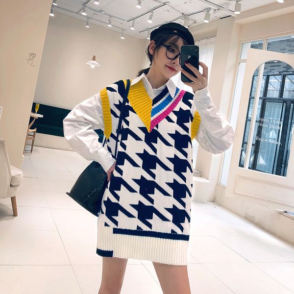 2019 new autumn color matching long-sleeveless, sleeveless female sweater casual houndstooth pattern wool vest, White;black
2019 new autumn color matching long-sleeveless, sleeveless female sweater casual houndstooth pattern wool vest, White;black