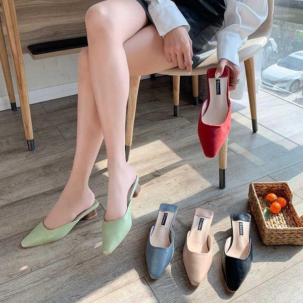 ins slippers female summer wear 2020 new net red slippers thick heel pointed1, Black