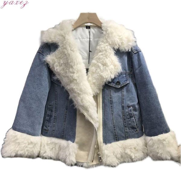 2020 winter new denim lamb fur patchwork warm thick jacket parka large wool collar cotton padded women's wide loose jeans coat, Black
2020 winter new denim lamb fur patchwork warm thick jacket parka large wool collar cotton padded women's wide loose jeans coat, Black