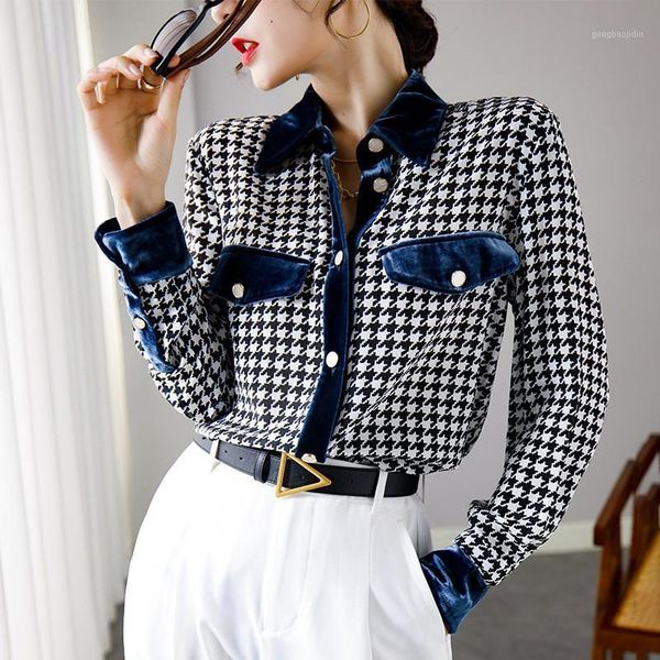 2021 spring luxury 100% silk blouse for women elegant vintage velvet patchwork houndstooth print casual business office shirt1, White
2021 spring luxury 100% silk blouse for women elegant vintage velvet patchwork houndstooth print casual business office shirt1, White