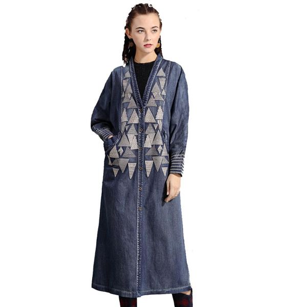 women vintage style v neck long sleeves embroidery single breasted denim coat with big pockets fs1034, Tan;black
women vintage style v neck long sleeves embroidery single breasted denim coat with big pockets fs1034, Tan;black