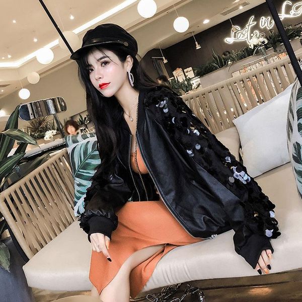 women's leather & faux high fashion women's casual sequin coats harajuku female pu jacket chaqueta mujer1, Black
women's leather & faux high fashion women's casual sequin coats harajuku female pu jacket chaqueta mujer1, Black
