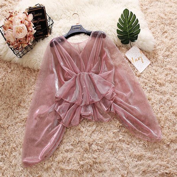 spring summer new female v-neck ruffles mesh shirt women's bat sleeve waist flounced sun protection shirts women blouses1, White
spring summer new female v-neck ruffles mesh shirt women's bat sleeve waist flounced sun protection shirts women blouses1, White