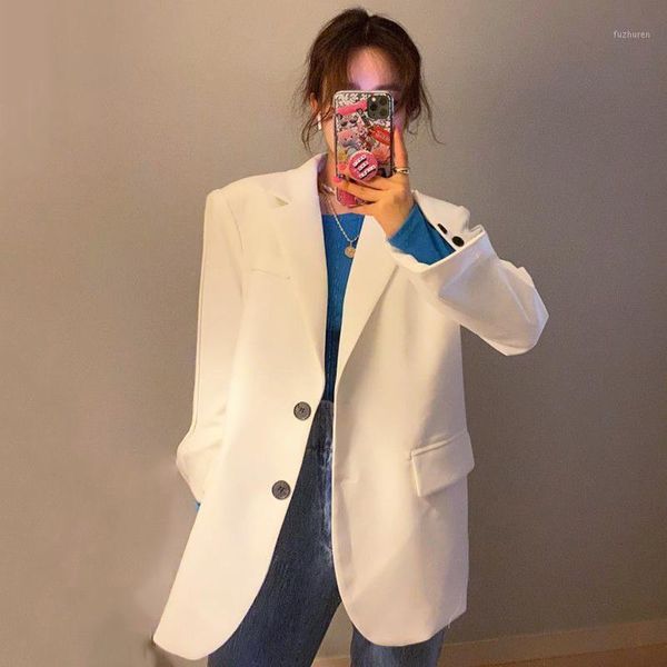 2021 spring autumn new korean women's suit collar loose two button casual double pocket cardigan blazer coats ladies z0011, White;black
2021 spring autumn new korean women's suit collar loose two button casual double pocket cardigan blazer coats ladies z0011, White;black