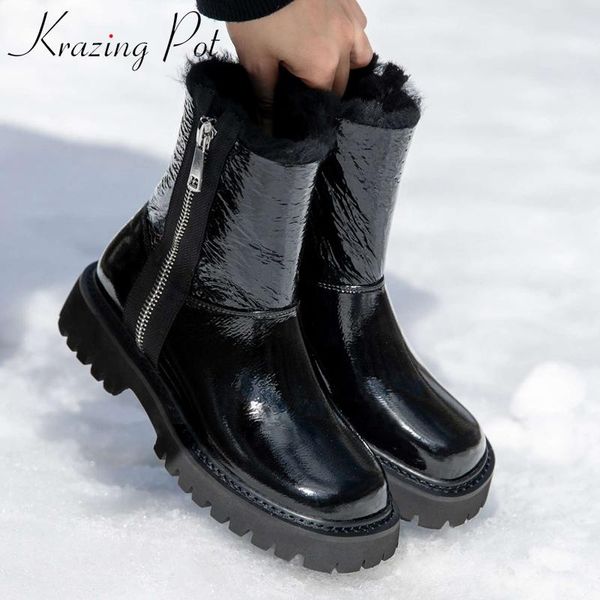 boots krazing pot coolest cow patent leather snow round toe thick med heel zipper keep warm north fashion ankle l25, Black
boots krazing pot coolest cow patent leather snow round toe thick med heel zipper keep warm north fashion ankle l25, Black
