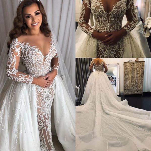 long sleeve middle east mermaid wedding dresses with overskirt detachable train lace sparkly beaded arabic princess wedding gown, White
long sleeve middle east mermaid wedding dresses with overskirt detachable train lace sparkly beaded arabic princess wedding gown, White