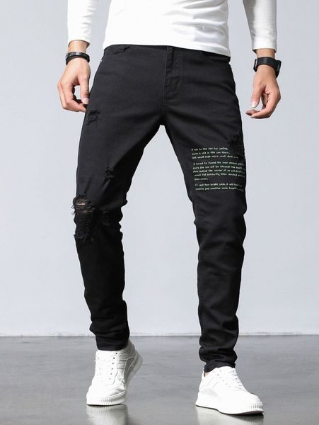 men slogan graphic ripped jeans r0qr#, Blue