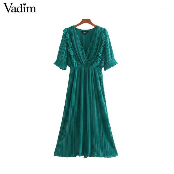 vadim women sweet chiffon ruffled midi dress v neck short sleeve elastic waist pleated female cute green mid calf dresses qd3711, Black;gray
vadim women sweet chiffon ruffled midi dress v neck short sleeve elastic waist pleated female cute green mid calf dresses qd3711, Black;gray