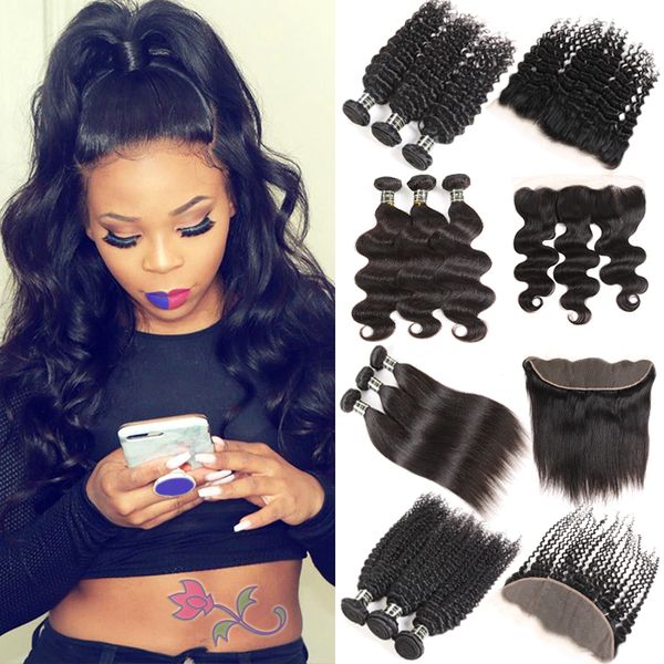 

peruvian body wave bundles with lace frontal brazilian deep wave kinky curly virgin human hair weave 3/4 bundles with frontal weaves closure, Black