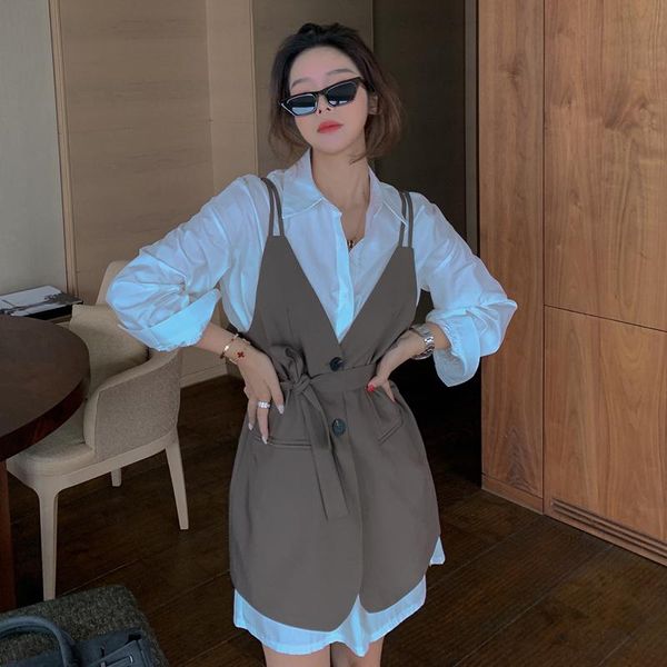 women's tracksuits spring women sets lace up slim waist irregular suspenders dress + medium-long blouse dresses two pieces suits office, Gray
women's tracksuits spring women sets lace up slim waist irregular suspenders dress + medium-long blouse dresses two pieces suits office, Gray
