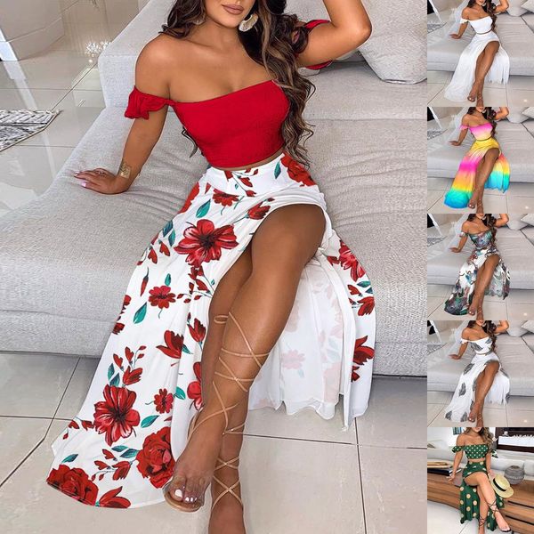 women floral print long beach dress sets off shoulder split skirt suit summer party two piece set, Black;gray
women floral print long beach dress sets off shoulder split skirt suit summer party two piece set, Black;gray