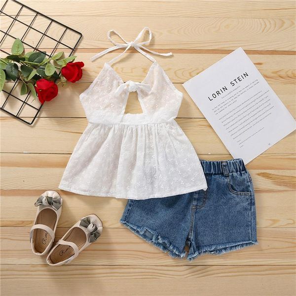 clothing sets kid halter camisole + ripped denim shorts with bow decoration cool hollow elastic waist spring, White
clothing sets kid halter camisole + ripped denim shorts with bow decoration cool hollow elastic waist spring, White