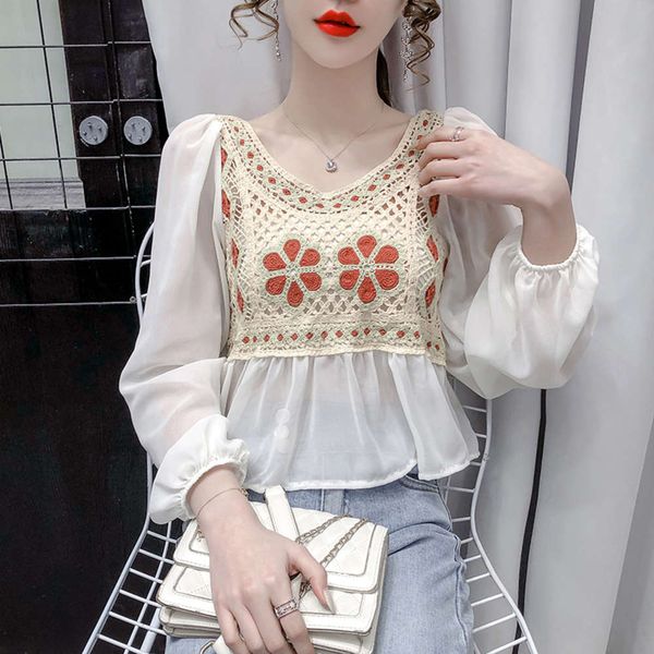 2021 spring women's national style gentle temperament design small super fairy short v-neck chiffon shirt, White
2021 spring women's national style gentle temperament design small super fairy short v-neck chiffon shirt, White