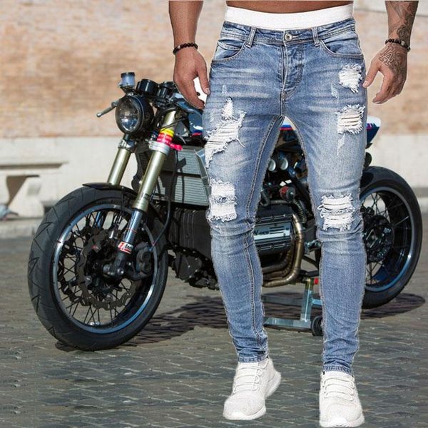 men's jeans style ripped personality distressed slim trousers fashion foot pants explosion models motorcycle, Blue
men's jeans style ripped personality distressed slim trousers fashion foot pants explosion models motorcycle, Blue
