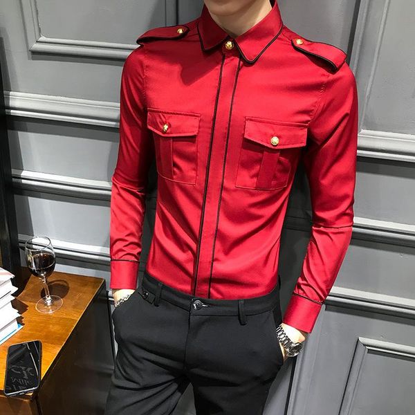 men's casual shirts spring long sleeve social front pocket slim fit shirt dress night club blouse homme plus size men, White;black
men's casual shirts spring long sleeve social front pocket slim fit shirt dress night club blouse homme plus size men, White;black