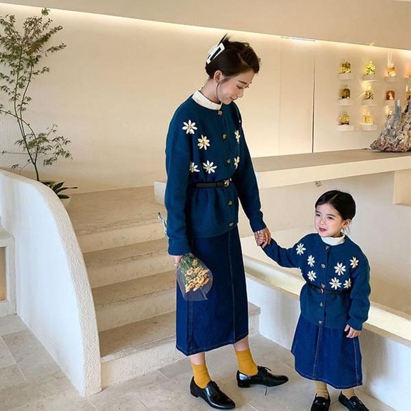 family matching outfits hayana 2021 autumn mother kids sweater baby girl knitting cardigan korean look casual, Blue 
family matching outfits hayana 2021 autumn mother kids sweater baby girl knitting cardigan korean look casual, Blue