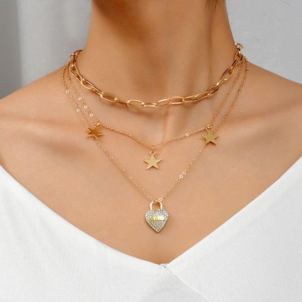 pendant necklaces punk rhinestone inlaid heart lock necklace set for women five-pointed star tassel multilayer chains choker jewelry trend, Silver
pendant necklaces punk rhinestone inlaid heart lock necklace set for women five-pointed star tassel multilayer chains choker jewelry trend, Silver