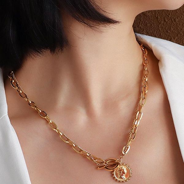 pendant necklaces stainless steel girl portrait style gold ot buckle necklace wavy side double-layer chain heavy work texture women gift, Silver
pendant necklaces stainless steel girl portrait style gold ot buckle necklace wavy side double-layer chain heavy work texture women gift, Silver