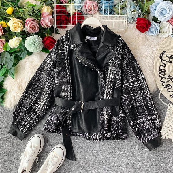 women's jackets 2021 autumn fashion loose lapel stitching tweed pu leather coat female, Black;brown
women's jackets 2021 autumn fashion loose lapel stitching tweed pu leather coat female, Black;brown