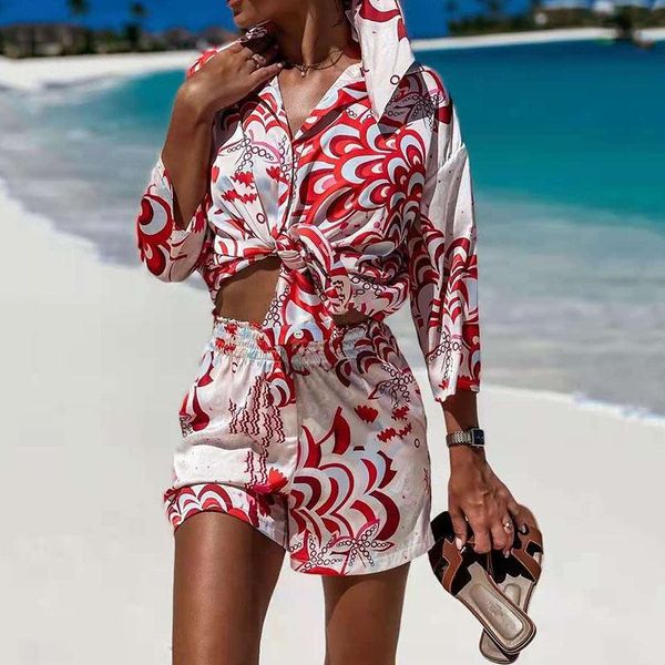 women's tracksuits women lapel v-neck blouse and short pans set 2pc print tie knot shorts with headscarf casual femme beach suit, Gray
women's tracksuits women lapel v-neck blouse and short pans set 2pc print tie knot shorts with headscarf casual femme beach suit, Gray