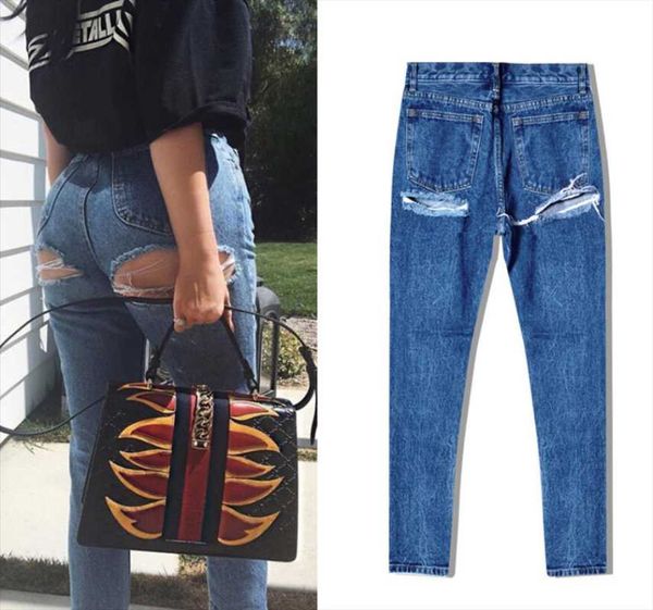 women's jeans high-waisted slim-fit trendy street style super ripped denim trousers, Blue