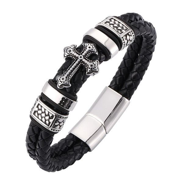 fashion black braid leather bracelets men charms cross cool stainless steel magnetic clasp wristband male bangles bb0075, Golden;silver
fashion black braid leather bracelets men charms cross cool stainless steel magnetic clasp wristband male bangles bb0075, Golden;silver