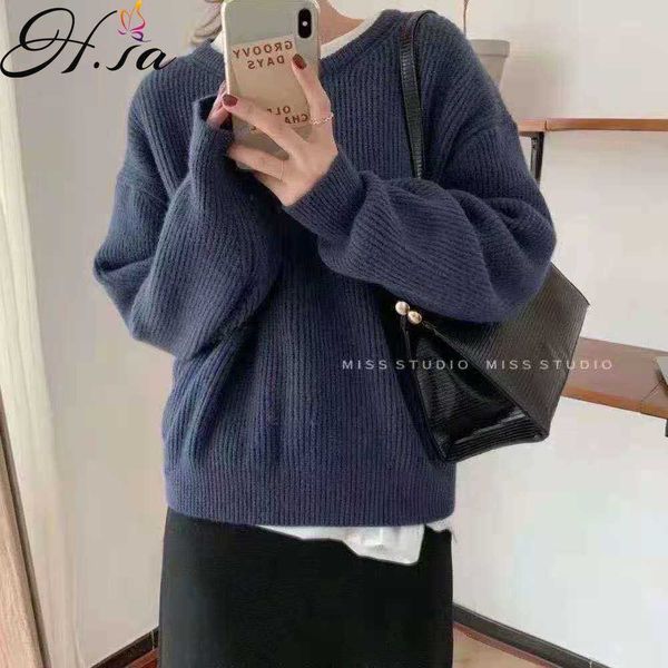 h.sa fall and winter outer wear retro pullover base knitting blue shirt idle style round neck sweater for women 210716, White;black
h.sa fall and winter outer wear retro pullover base knitting blue shirt idle style round neck sweater for women 210716, White;black